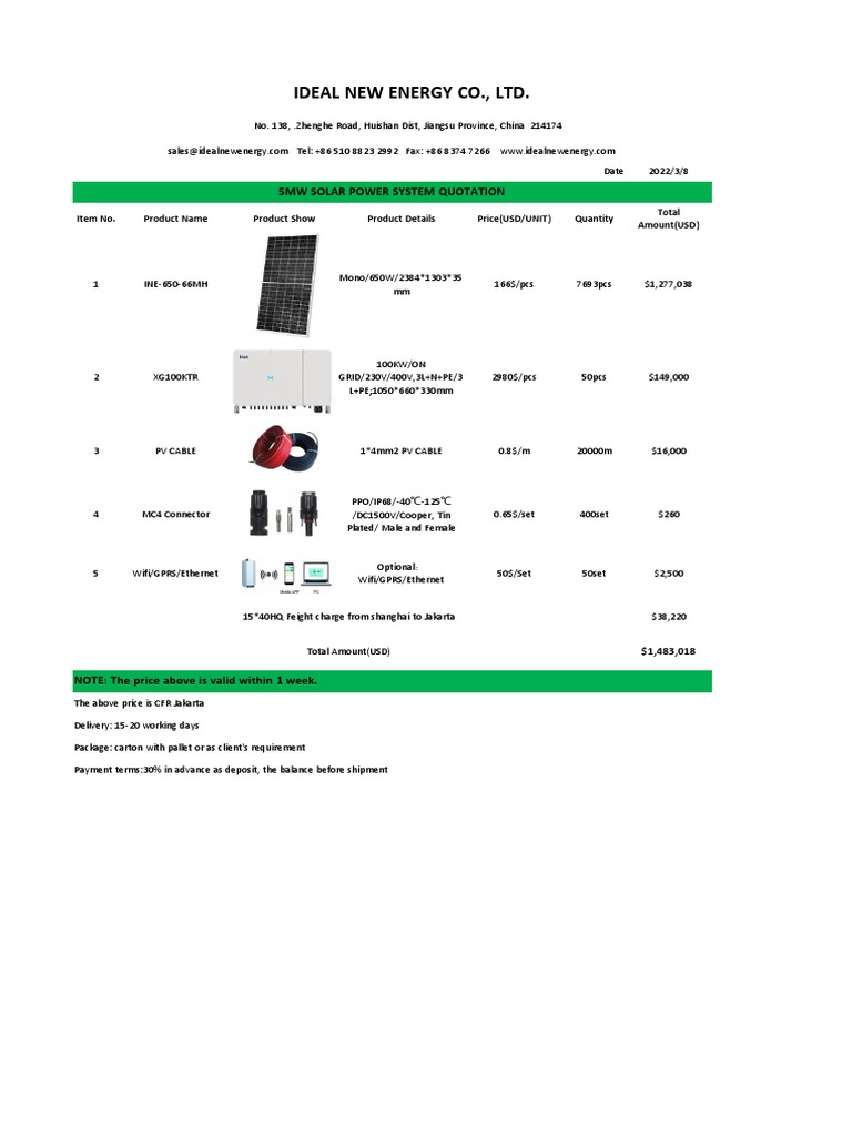 5MW Solar Power System Quotation | PDF | Physical Quantities | Solar Energy