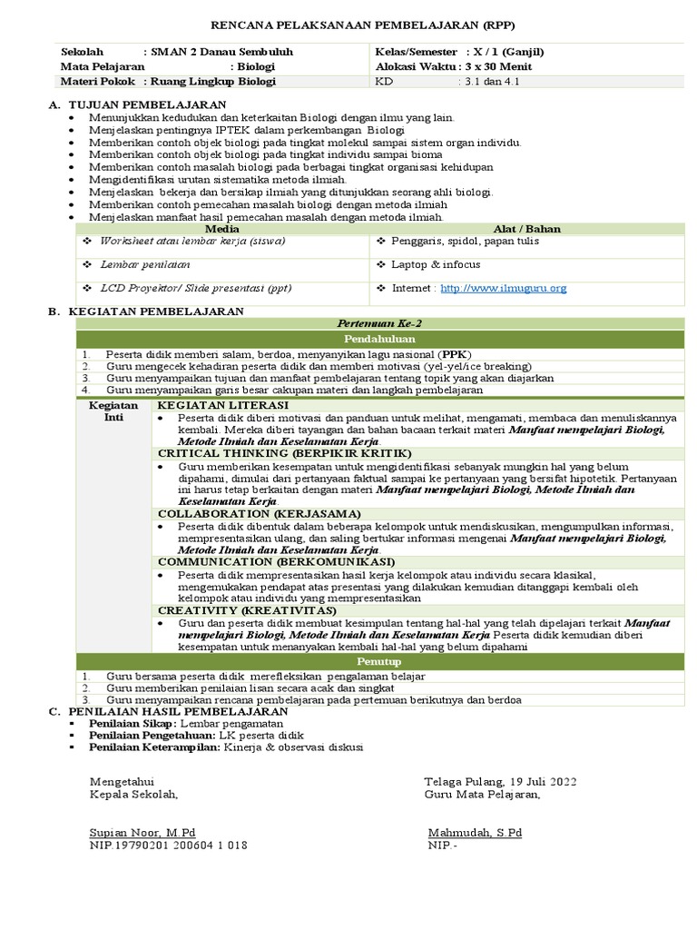 RPP Biologi Kelas 10: Ruang Lingkup | PDF