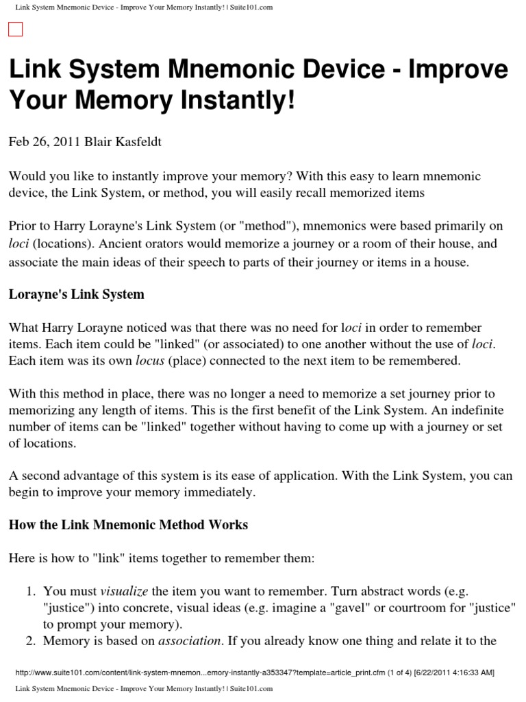 Link System Mnemonic Device Improve Your Memory Instantly PDF Mnemonic Memory