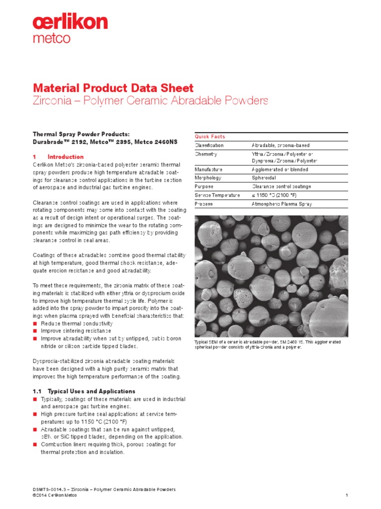 Material Product Data Sheet Zirconia Polymer Ceramic Abradable