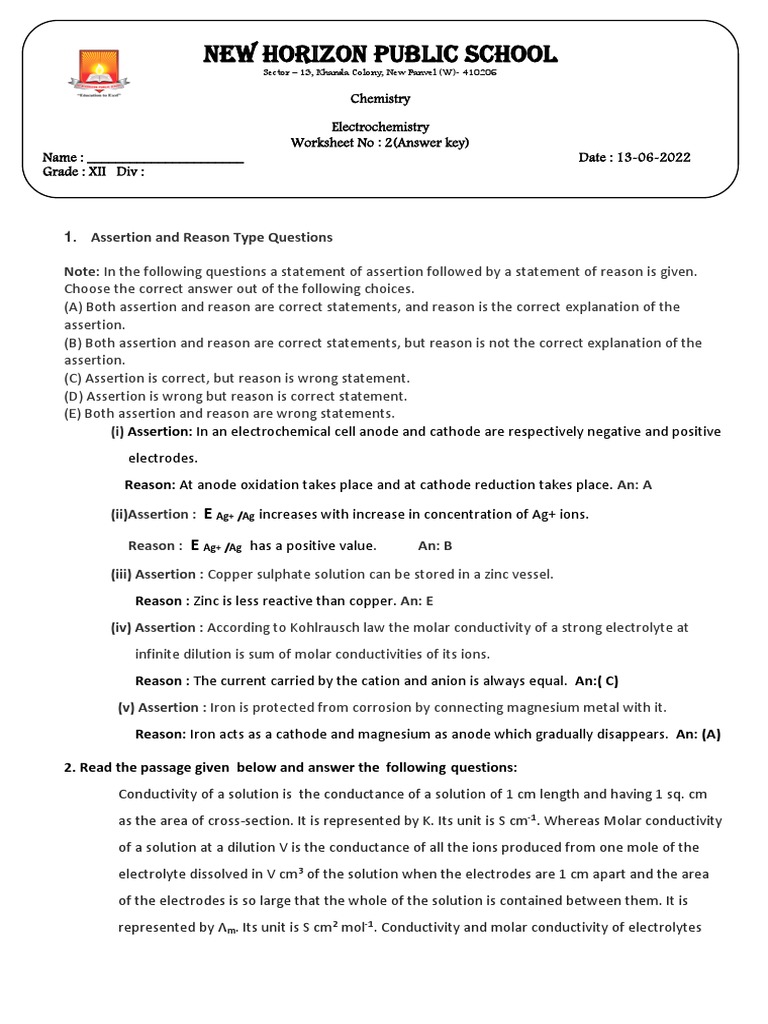Electrochemistry Answer Key PDF Electrochemistry Anode