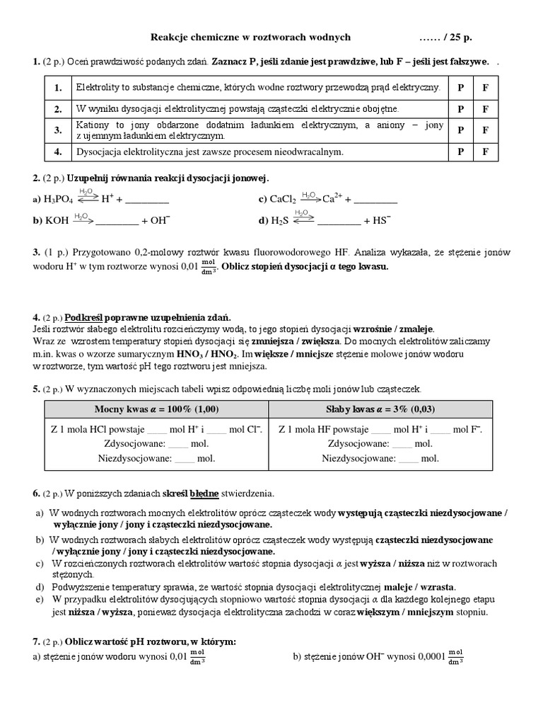 Sprawdzian Chemia Wodorotlenki A Zasady Reakcje Chemiczne W Roztworach Wodnych | PDF