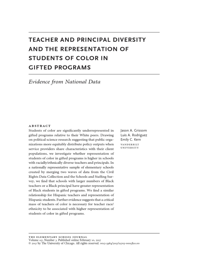 Teacher and Principal Diversity and The Representation of Students of