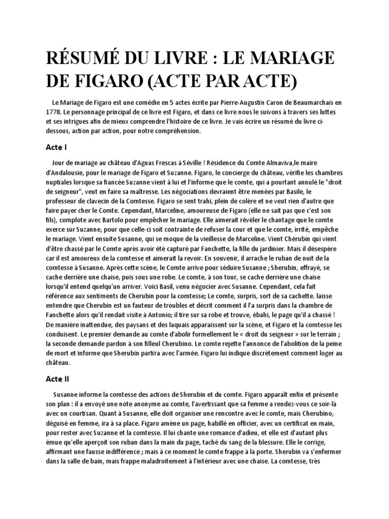RÉSUMÉ DU LIVRE MARIAGE DE FIGARO. (ACTE PAR ACTE Par Habimana Shema Ian Vaki) PDF Les Noces