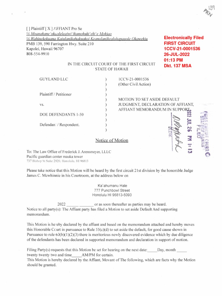 Motion To Set Aside Default Judgement Guyland V Doe Defendants Pdf