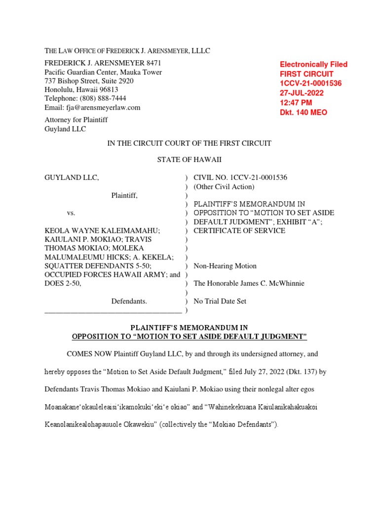 Guyland LLC's Memo in Opposition to the motion to set aside default