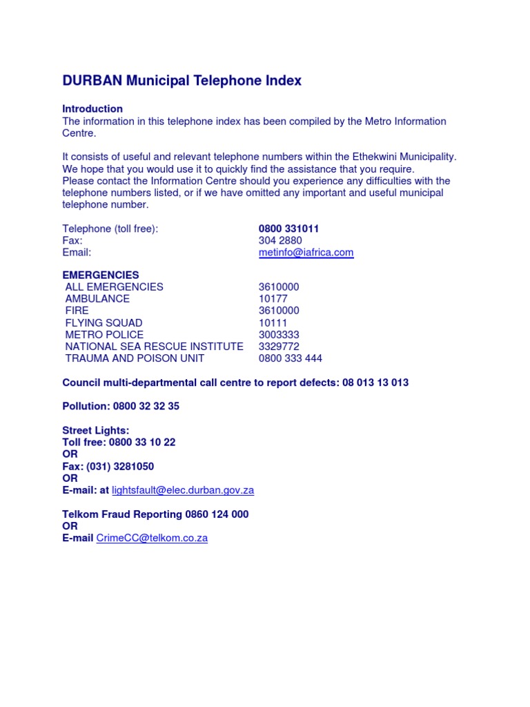 Durban Municipal Tel Nos PDF Durban Road