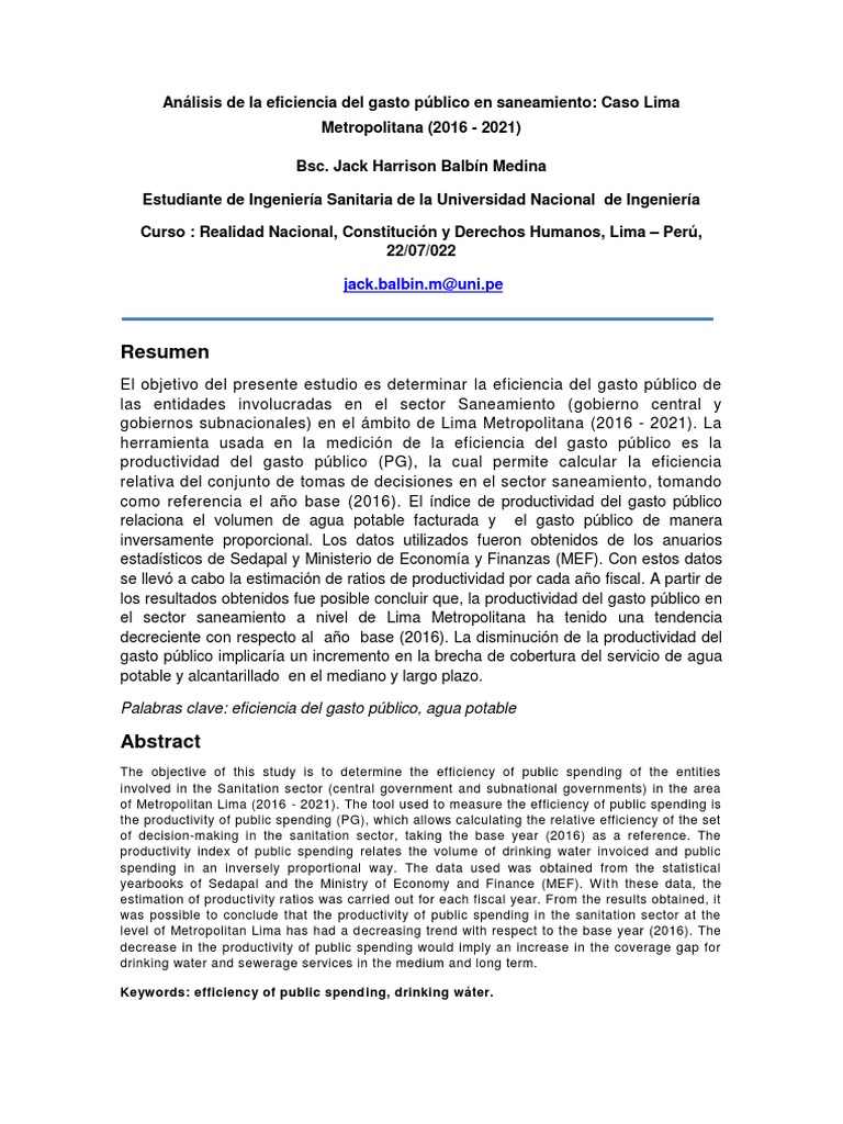 Eficiencia del Gasto Público en Saneamiento | PDF | Agua | Lima