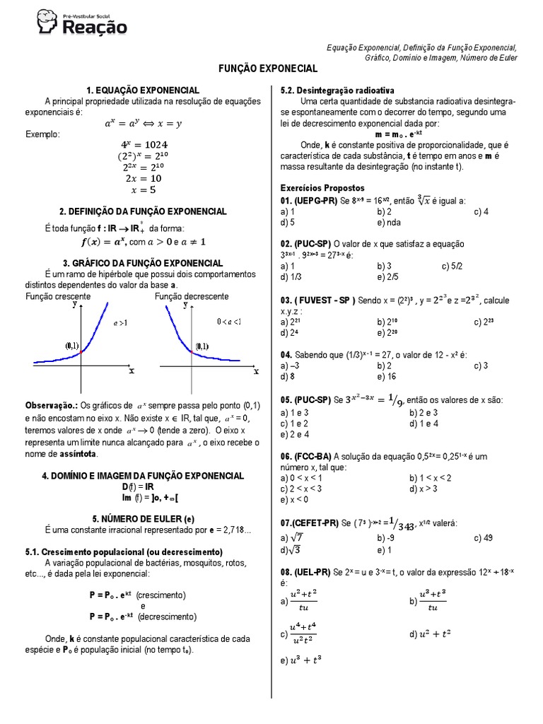 MATEMÁTICA 1 - Aula 07 - Função Exponencial | PDF | Função exponencial |  Função (Matemática), image size:768x1024