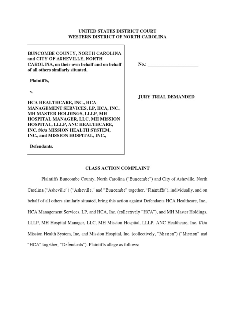 Buncombe - Asheville v. HCA - Class Action Complaint (16857506.3) | PDF |  Monopoly | Hospital