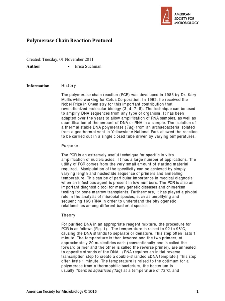 Polymerase Chain Reaction Protocol | PDF | Polymerase Chain Reaction ...