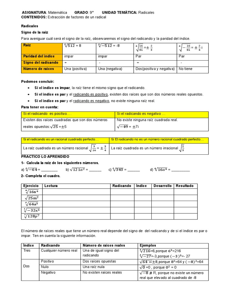 9no Grado Simplificación De Radicales Pdf Raíz Cuadrada Aritmética