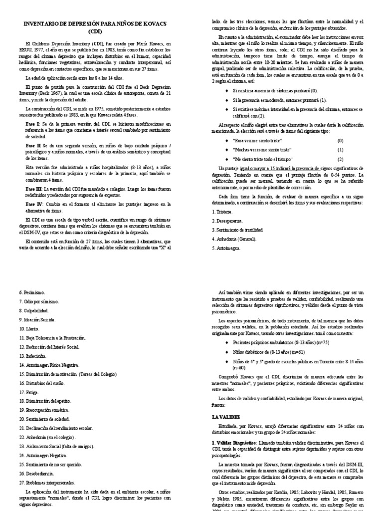 Inventario de Depresión Infantil (CDI) | PDF | Depresión (estado de ...