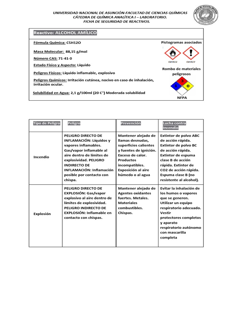 Ficha de Seguridad-ALCOHOL AMÍLICO | PDF | Química | Naturaleza