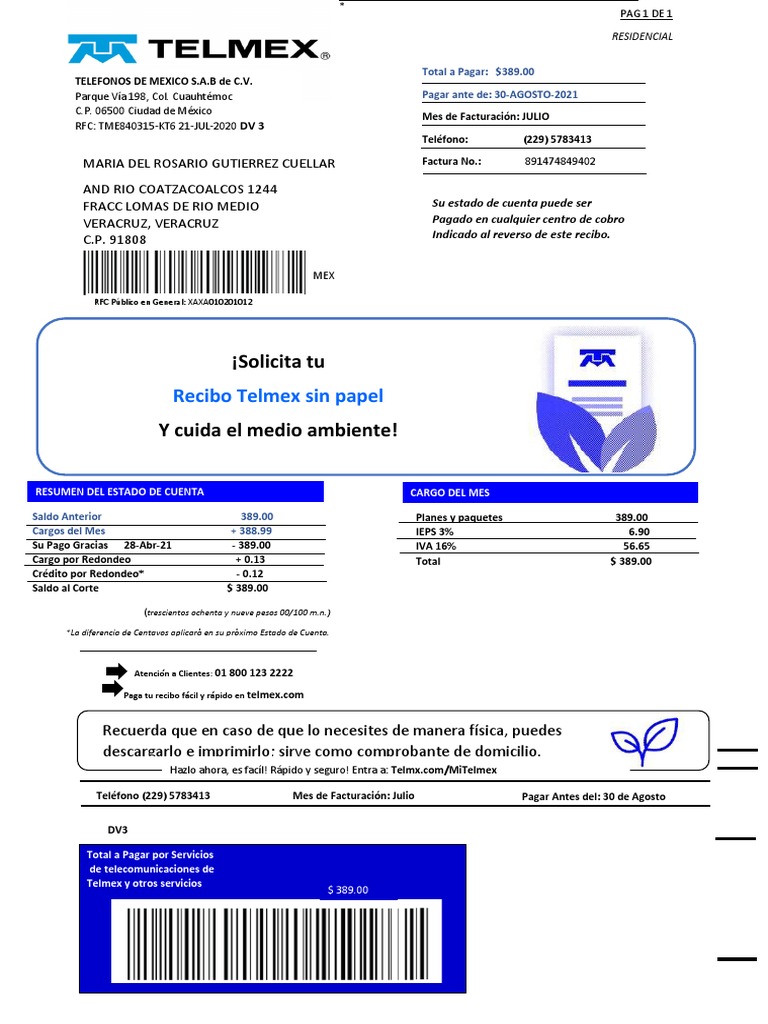 Estado de Cuenta Telmex Julio 2021 | PDF | Telecomunicaciones