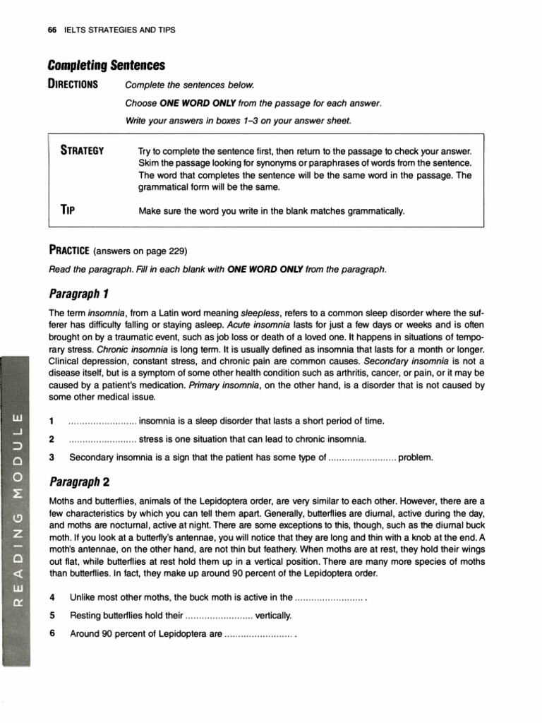 IELTS Sentence Completion Strategies | PDF | Insomnia | Moth