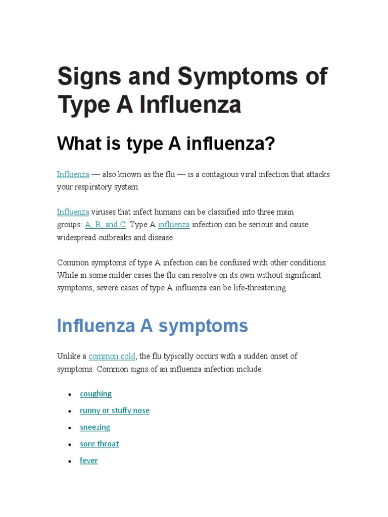 Signs and Symptoms of Type A Influenza PDF Influenza Influenza A