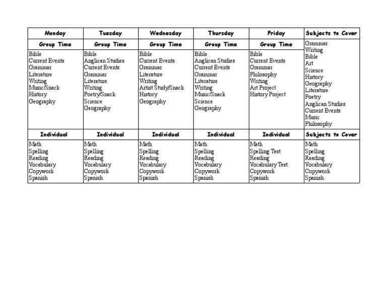 Weekly Educational Schedule Overview | PDF | Language Arts & Discipline