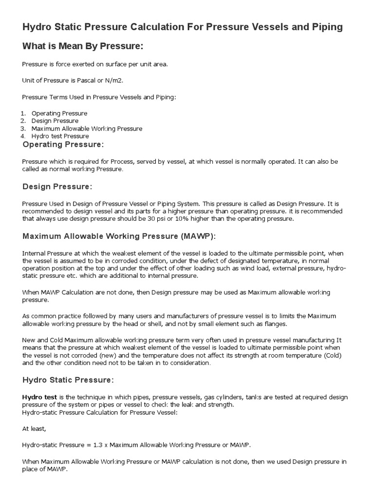 Hydro Static Pressure Calculation For Pressure Vessels and Piping PDF