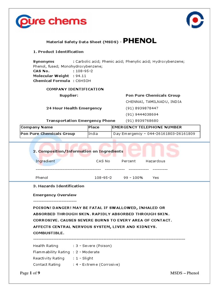 MSDS Safety Data Sheet Phenol | PDF | Combustion | Fires