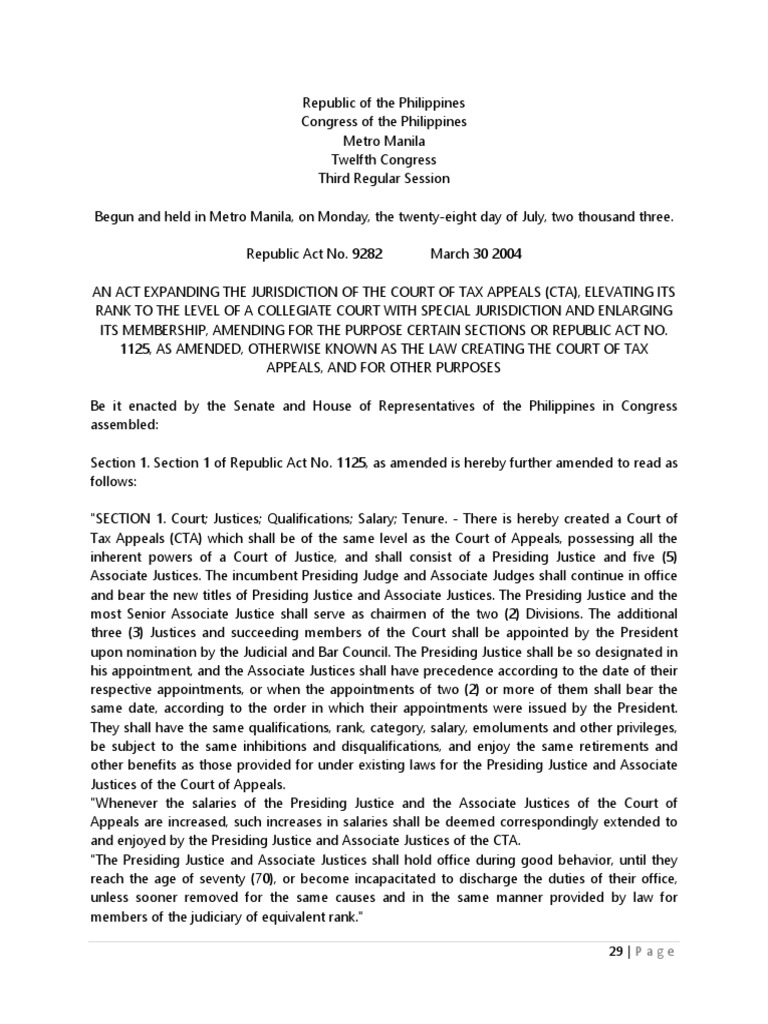 Republic Act No. 9282 Expanding The Jurisdiction of The Court of Tax ...