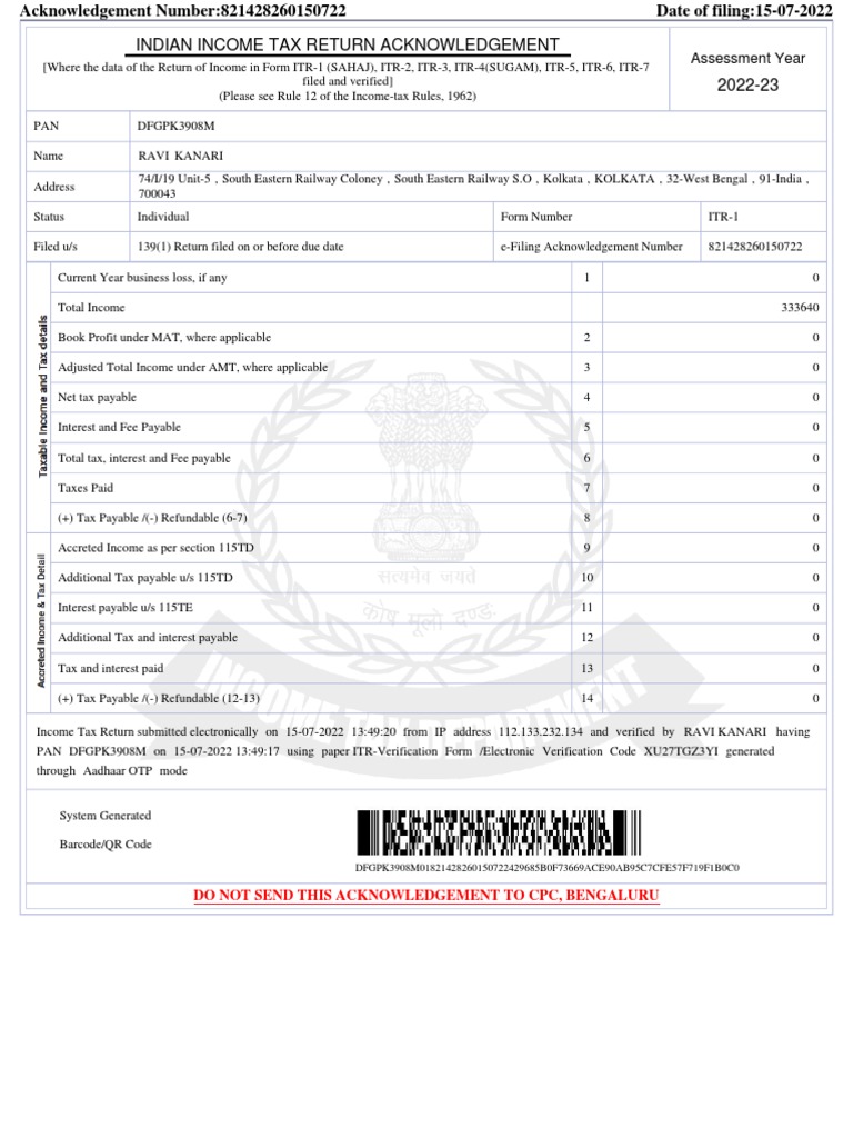 Indian Tax Return Acknowledgement 202223 Assessment Year PDF