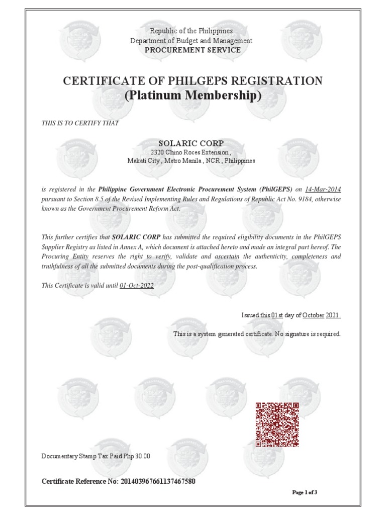 PhilGEPS Certificate 2021-2022 | PDF | Metro Manila | Government