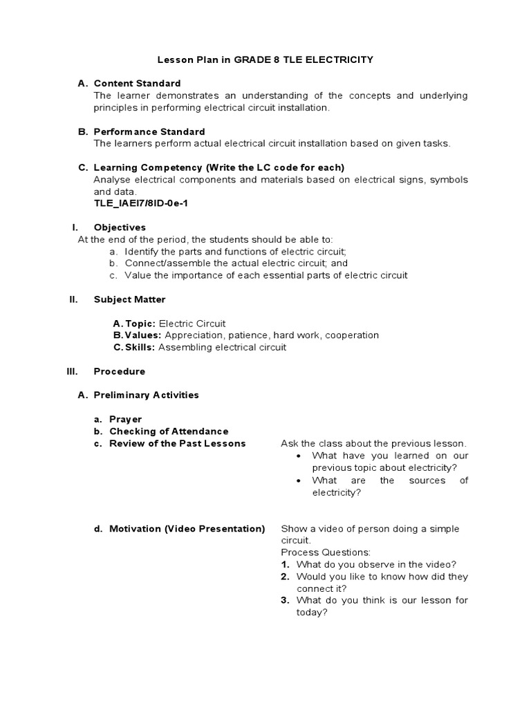 Grade 8 TLE Electricity Lesson Plan | PDF | Learning | Lesson Plan