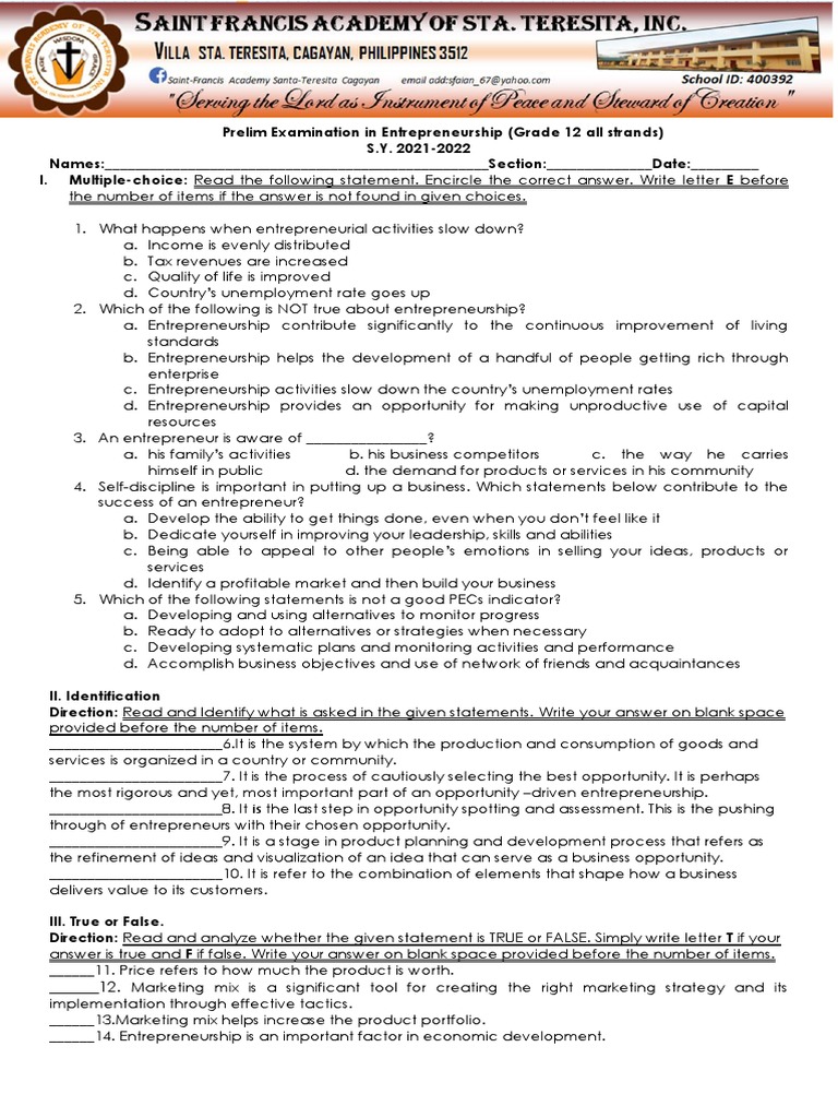 Entrepreneurship Prelim Examination PDF Entrepreneurship Marketing