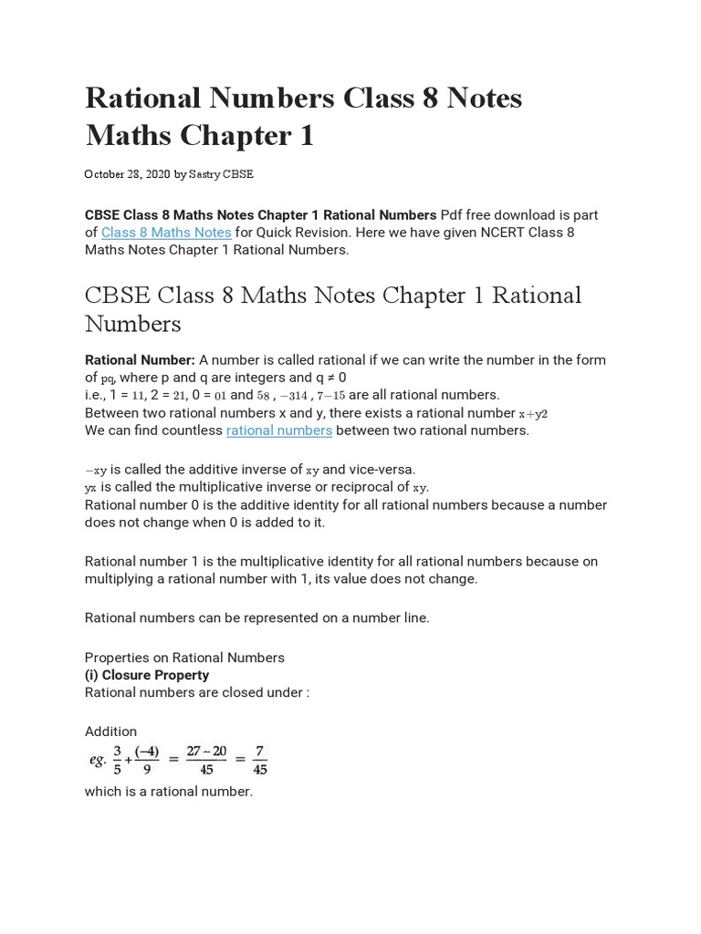 Rational Numbers Class 8 Notes Maths Chapter 1 PDF Numbers