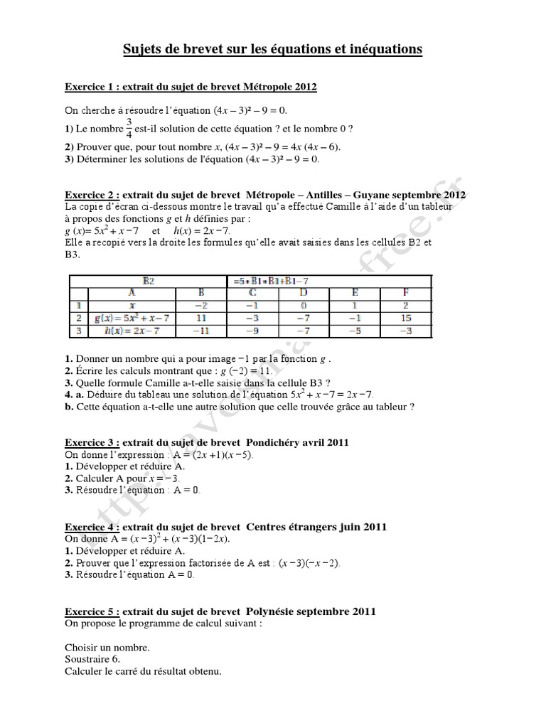 Exercices Brevet : Équations et Inéquations | PDF | Mathématiques