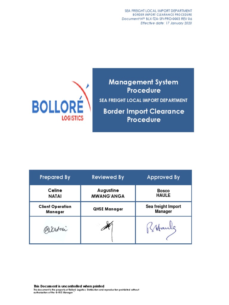 Management System Procedure Border Import Clearance Procedure | PDF ...