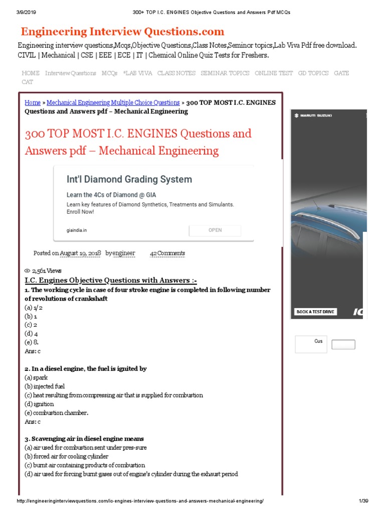 300+ TOP I.C. ENGINES Objective Questions and Answers PDF MCQs, PDF, Internal Combustion Engine