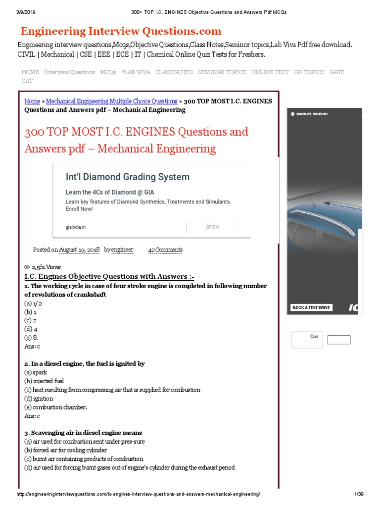 300+ TOP I.C. ENGINES Objective Questions and Answers PDF MCQs PDF