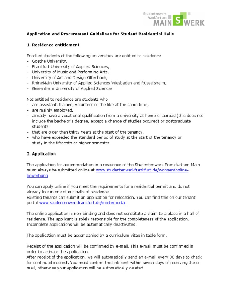Guidelines for Student Housing Application Requirements, Assignment