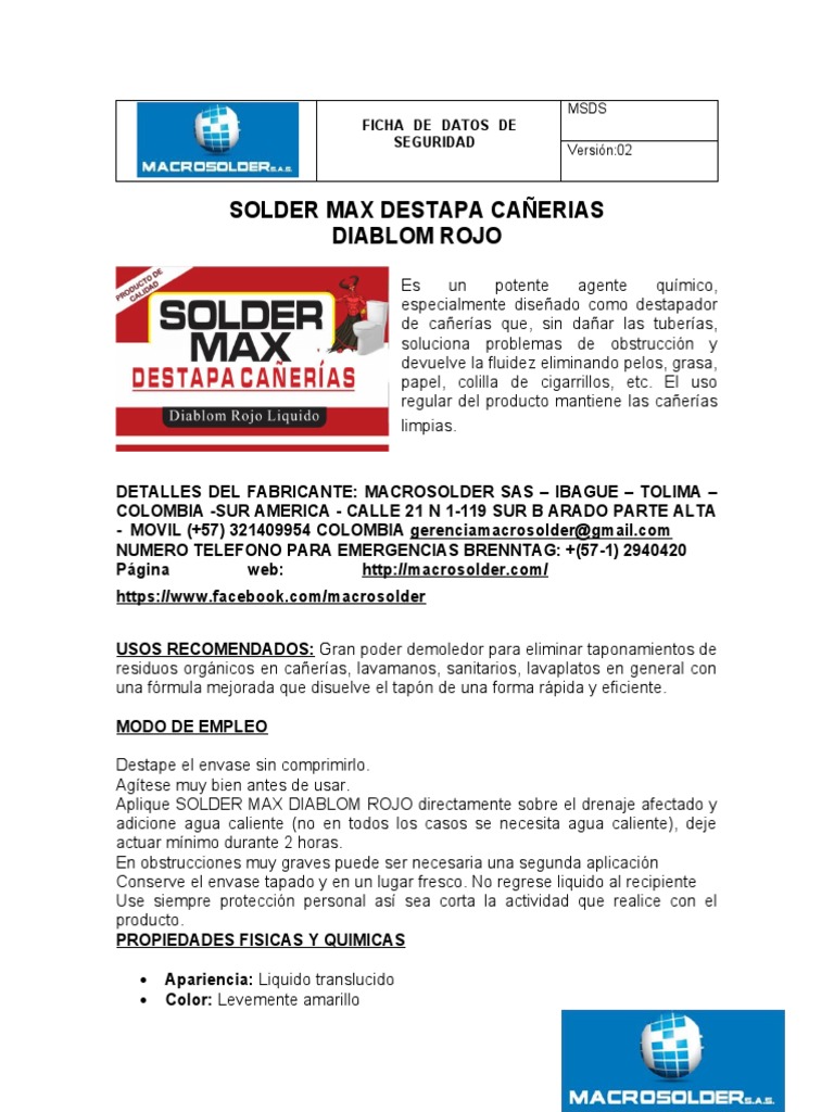 Ficha Tecnica Solder Max Diablom Rojo | PDF | Química