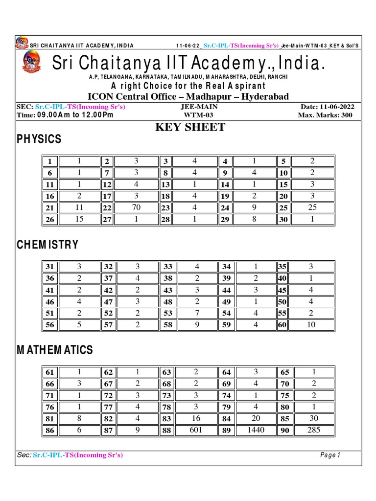 Sri Chaitanya JEE Main Answer Key | PDF | Chemistry | Physical Sciences