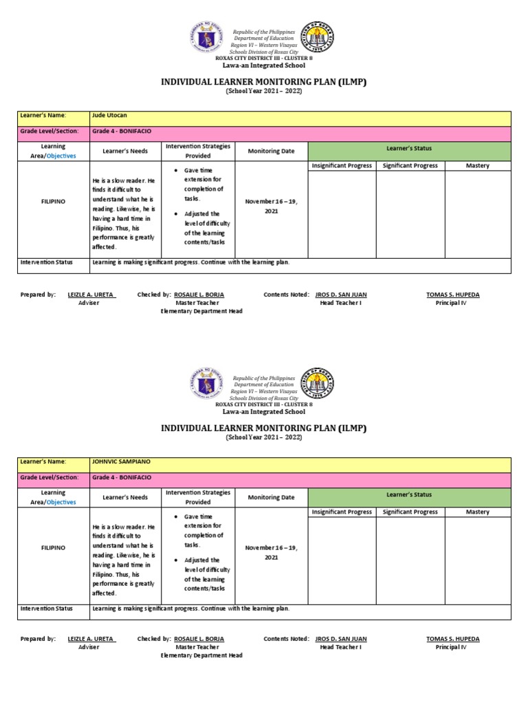 GRADE4ILMPINDIVIDUALLEARNERMONITORINGPLAN PDF Learning