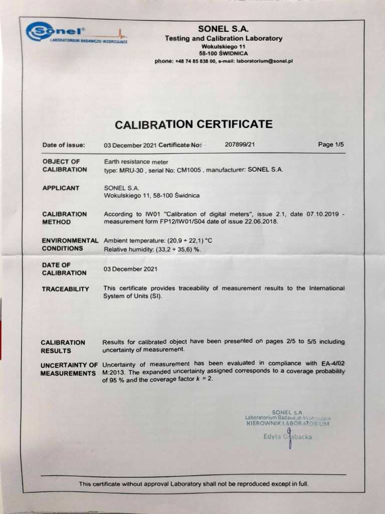 Certificadi Calibracion Sonel Mru30 PDF Calibration Measure Theory