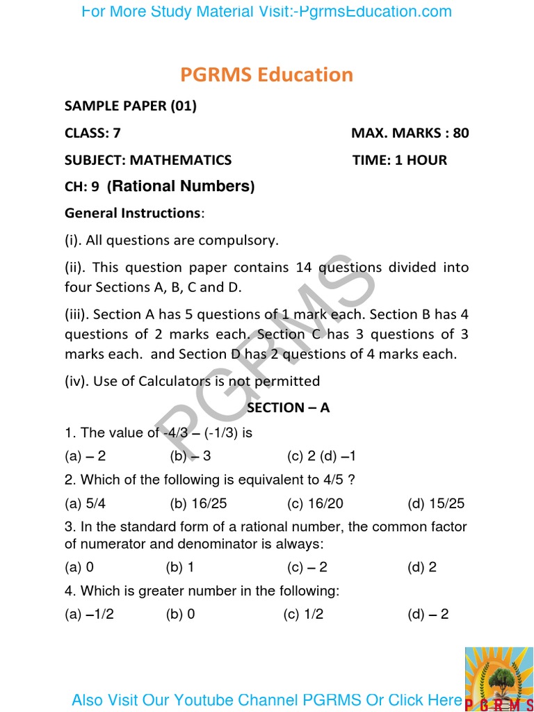 Class 7 Maths Test: Rational Numbers | PDF | Numbers | Arithmetic