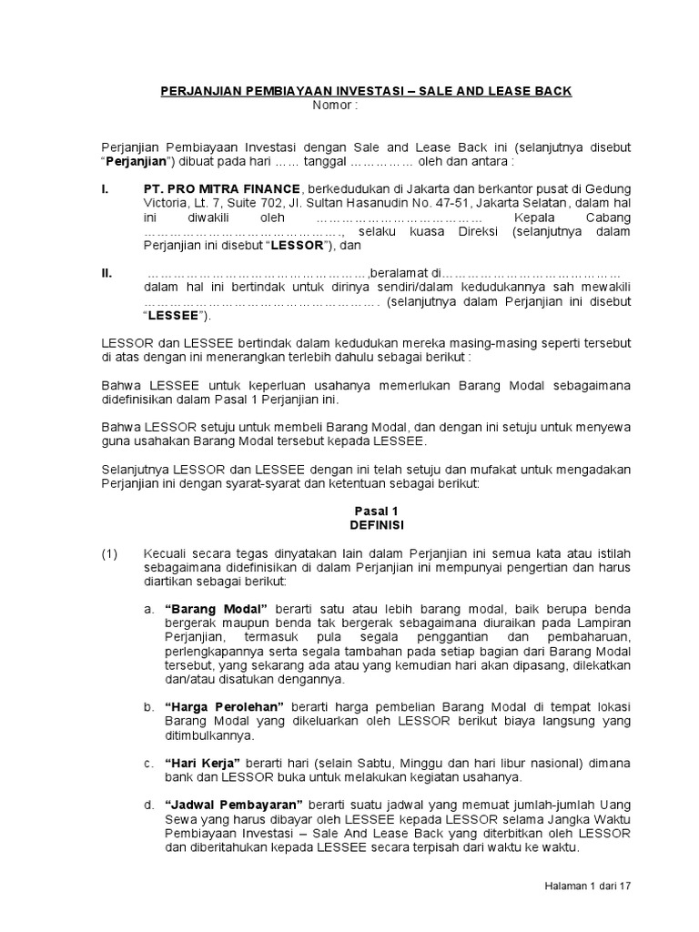 2 Perjanjian Pembiayaan Investasi Sale And Lease Back Pdf