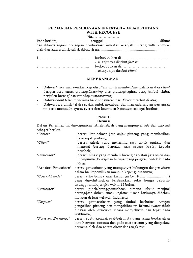 3 Perjanjian Pembiayaan Investasi Anjak Piutang With Recourse Pdf