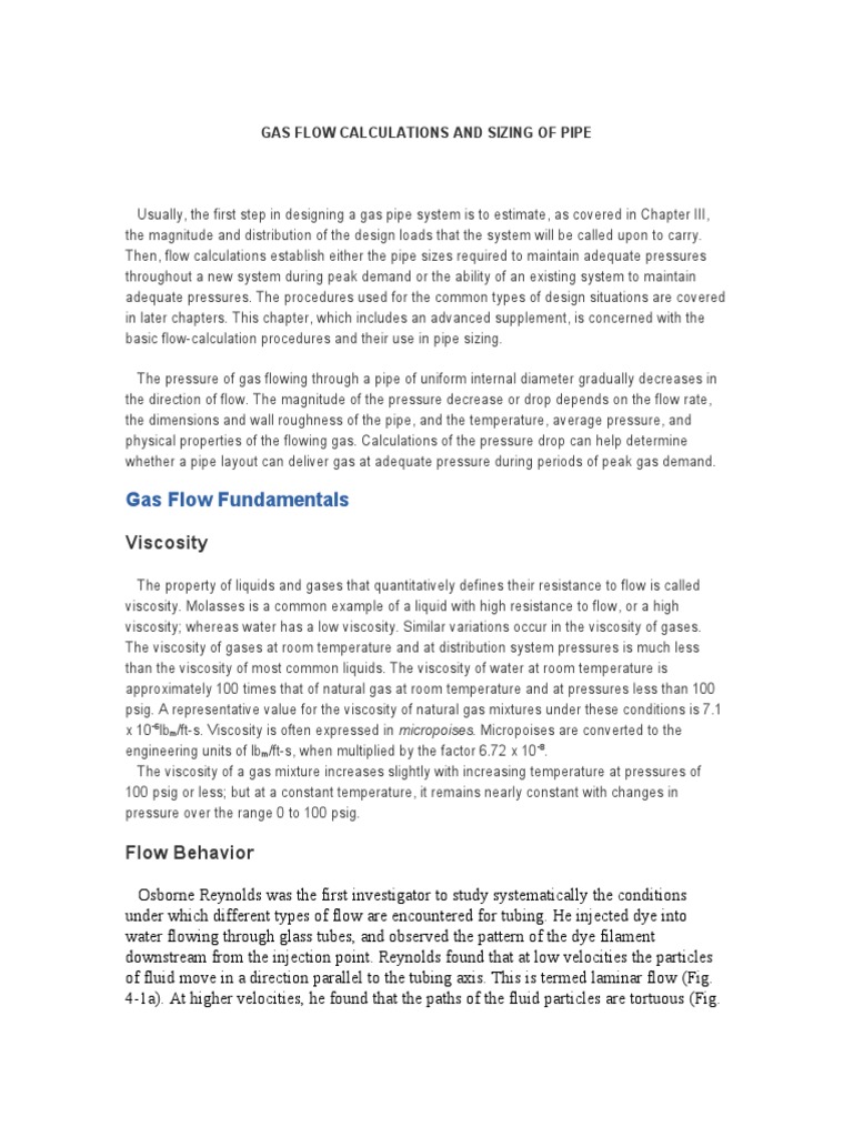 Gas Flow Calculations and Sizing of Pipe PDF Reynolds Number Fluid Dynamics