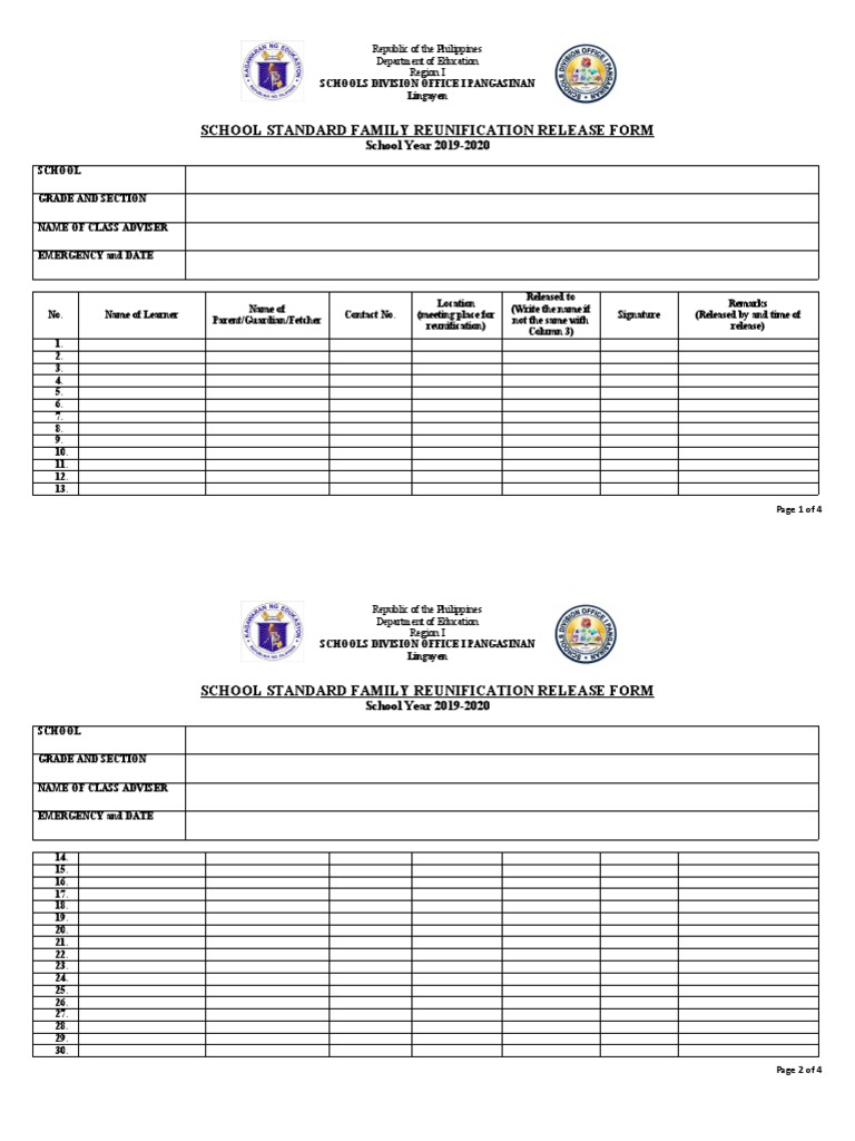 Family Reunification Release Form 2019-2020 | PDF | Social Institutions