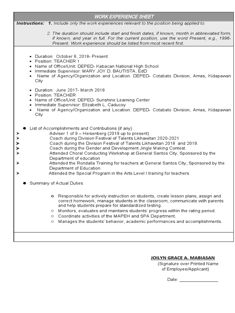 Teacher Work Experience and Accomplishments | PDF | Teachers | Internship