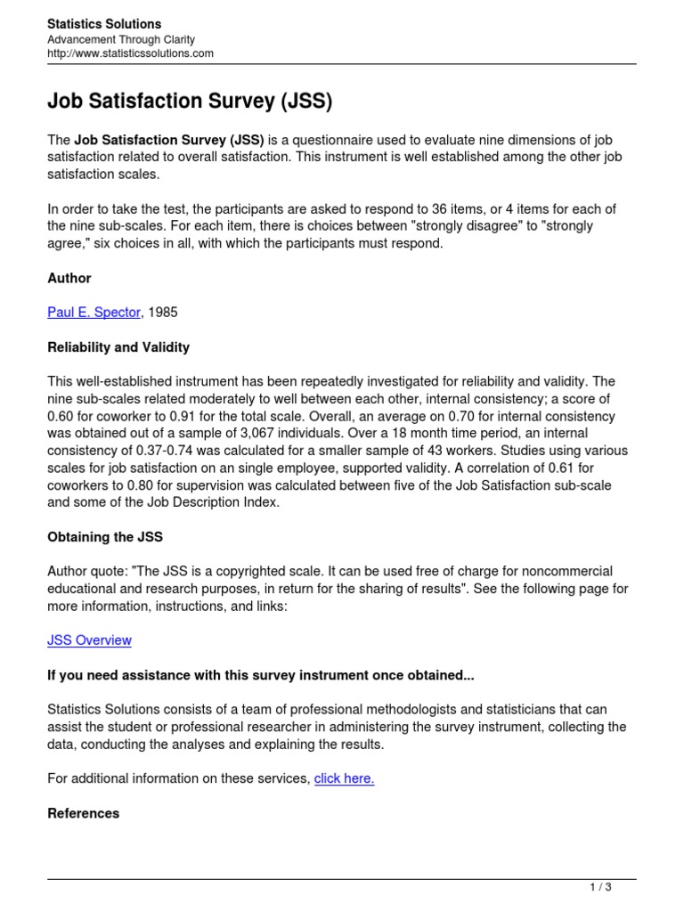 Job Satisfaction Survey (JSS) : Author | Download Free PDF | Job