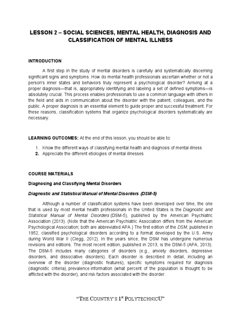 Lesson 2 Social Sciences, Mental Health, Diagnosis and Classification