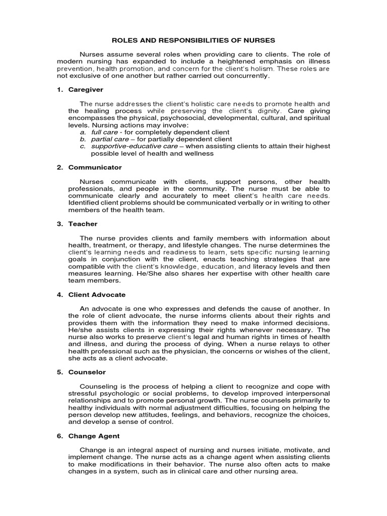 Nurse Roles and Responsibilities Overview | PDF | Nursing | Leadership