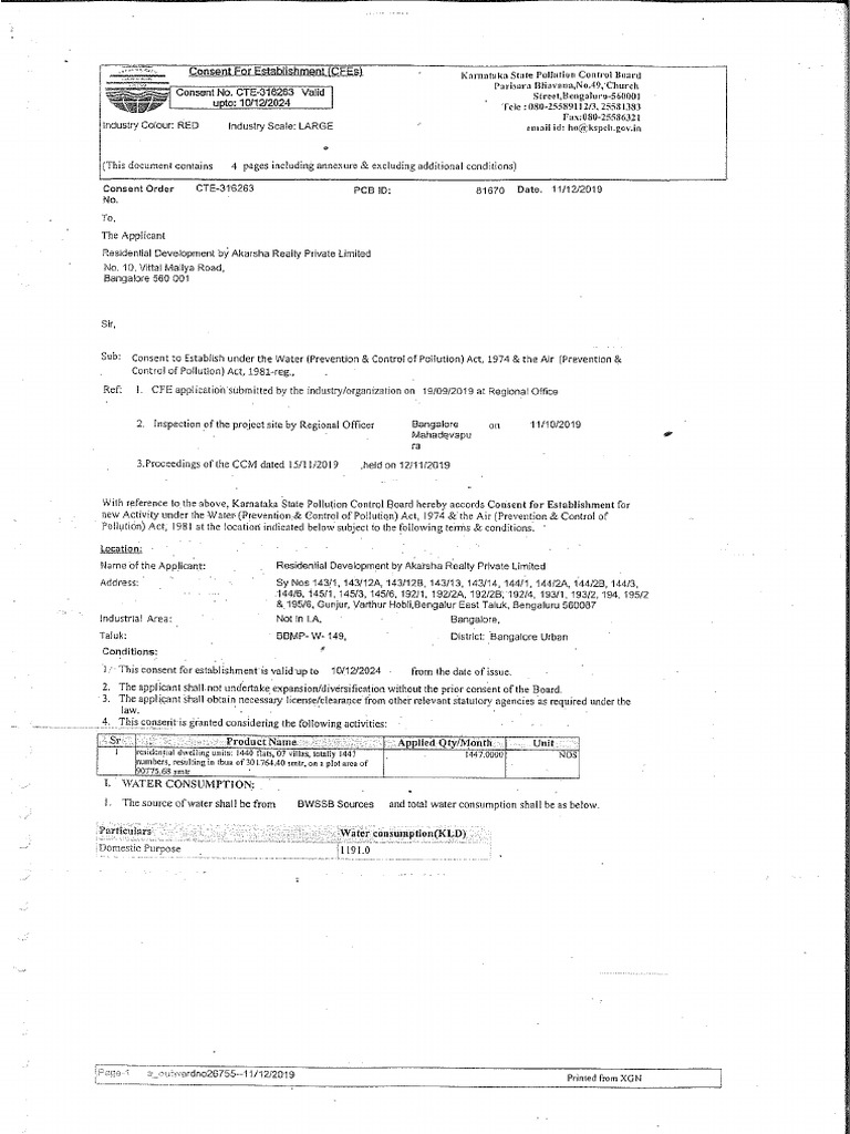 Karnataka State pollution ontrol board certificate PDF