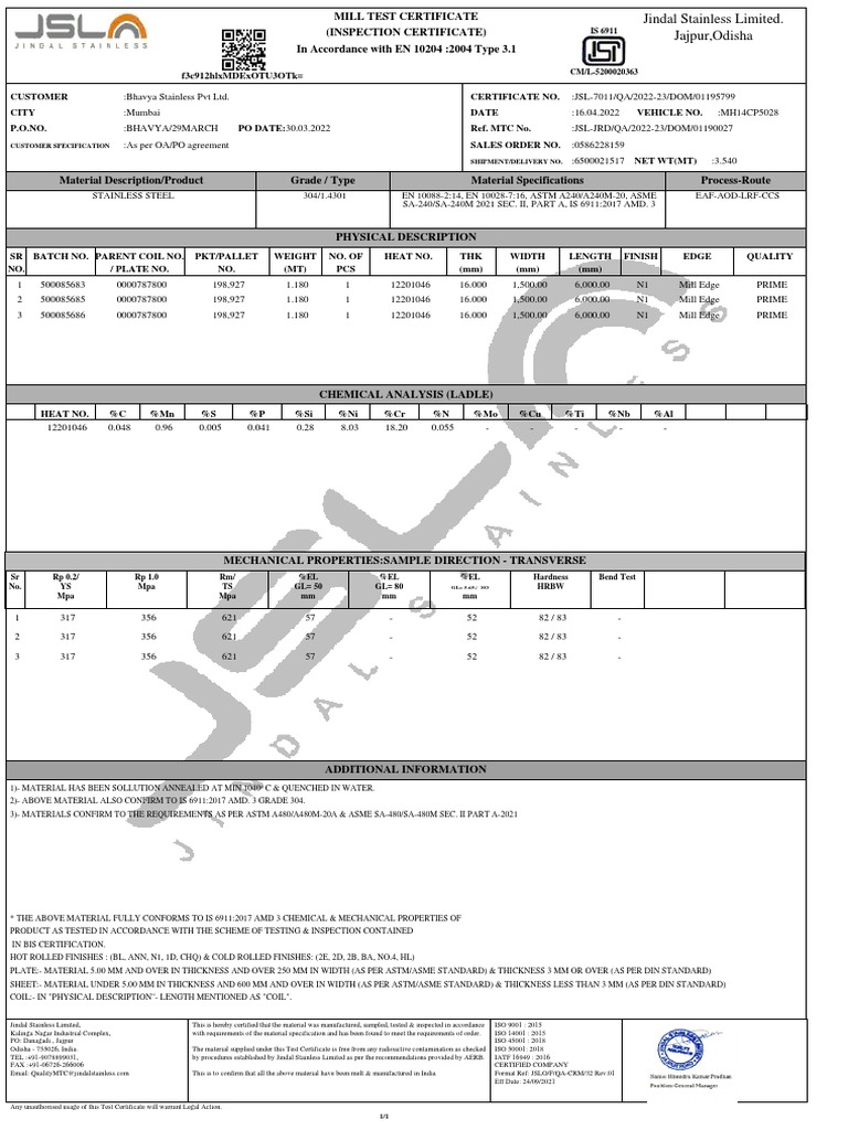 Mill Test Certificate for Stainless Steel Grade 304 Coils and Plates